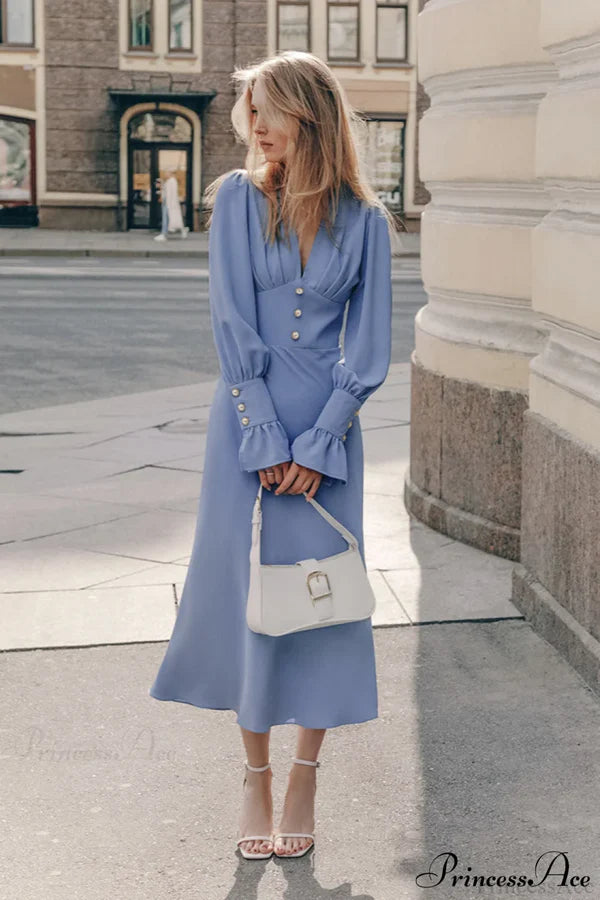 Elegant V Neck Button Detail Flare Sleeve A Line Midi Prom Dress For Wedding Guest Bridal Shower Formal Evening
