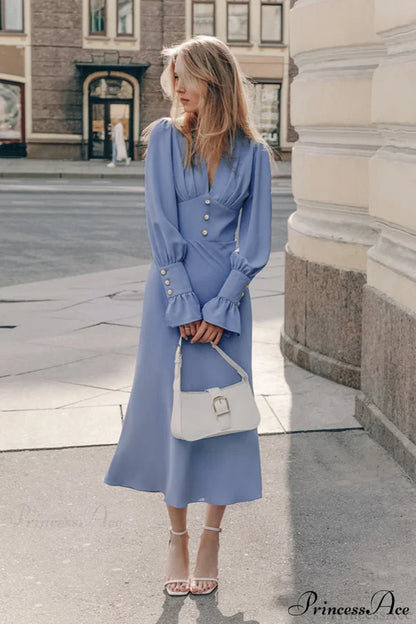 Elegant V Neck Button Detail Flare Sleeve A Line Midi Prom Dress For Wedding Guest Bridal Shower Formal Evening