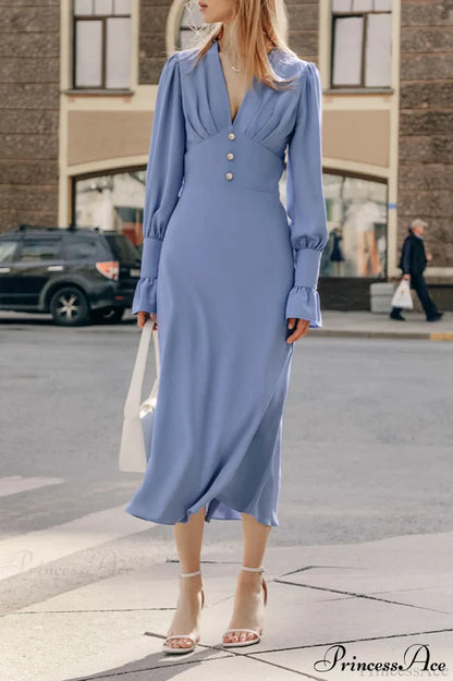 Elegant V Neck Button Detail Flare Sleeve A Line Midi Prom Dress For Wedding Guest Bridal Shower Formal Evening