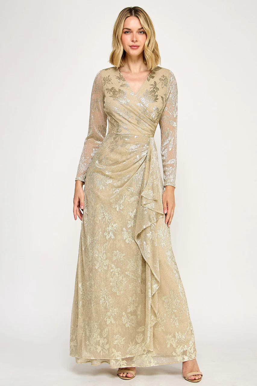 Elegant V Neck Long Sleeve Metallic Floral Print Wrap Ruffle A Line Maxi Prom Dress For Formal Evening Gala Wedding Guest Mother Of The Bride