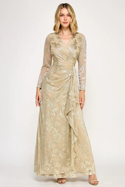 Elegant V Neck Long Sleeve Metallic Floral Print Wrap Ruffle A Line Maxi Prom Dress For Formal Evening Gala Wedding Guest Mother Of The Bride