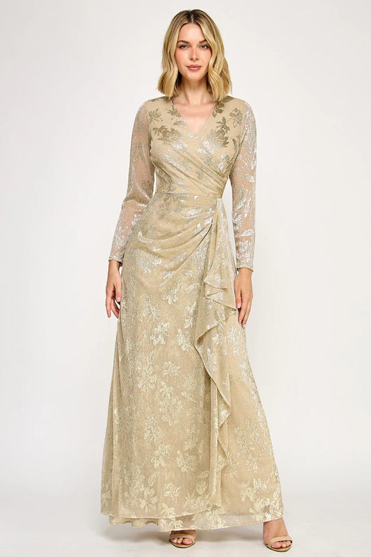 Elegant V Neck Long Sleeve Metallic Floral Print Wrap Ruffle A Line Maxi Prom Dress For Formal Evening Gala Wedding Guest Mother Of The Bride