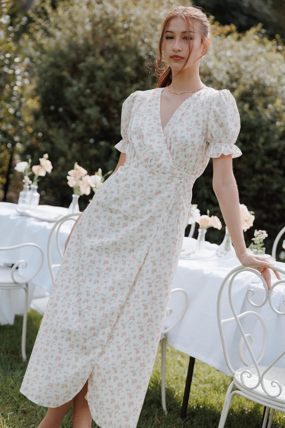 Elegant V Neck Puff Sleeve Floral Print Wrap Midi Prom Dress For Formal Evening Wedding Guest Bridesmaid Cocktail Party