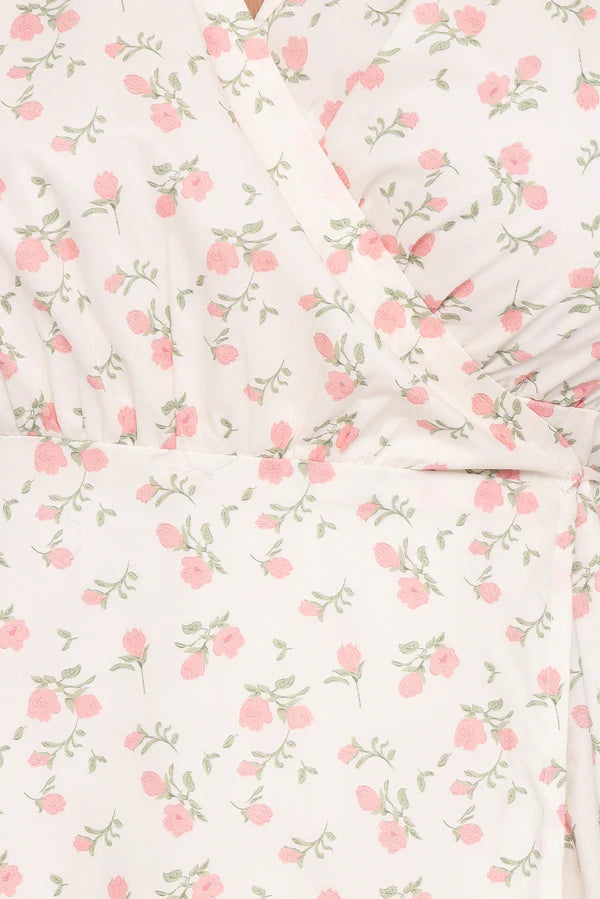 Elegant V Neck Puff Sleeve Floral Print Wrap Midi Prom Dress For Formal Evening Wedding Guest Bridesmaid Cocktail Party