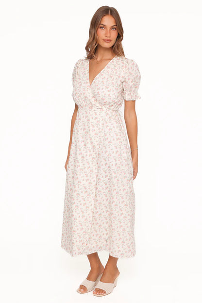 Elegant V Neck Puff Sleeve Floral Print Wrap Midi Prom Dress For Formal Evening Wedding Guest Bridesmaid Cocktail Party