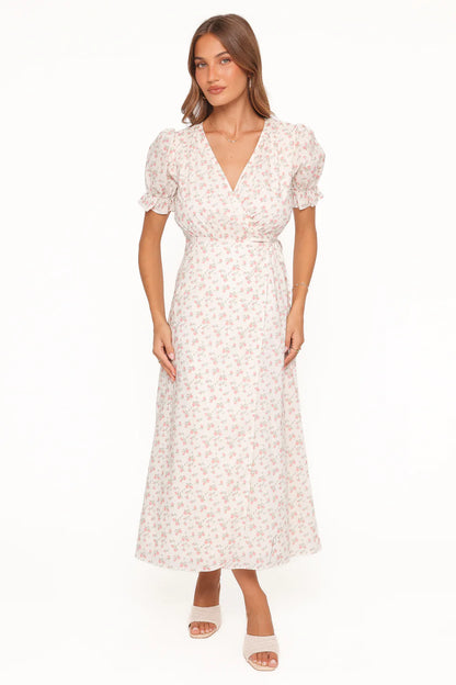 Elegant V Neck Puff Sleeve Floral Print Wrap Midi Prom Dress For Formal Evening Wedding Guest Bridesmaid Cocktail Party