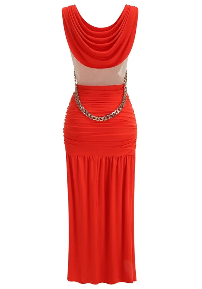 Elegant V Neck Ruched Side Cut Out Chain Detail Draped Maxi Prom Dress