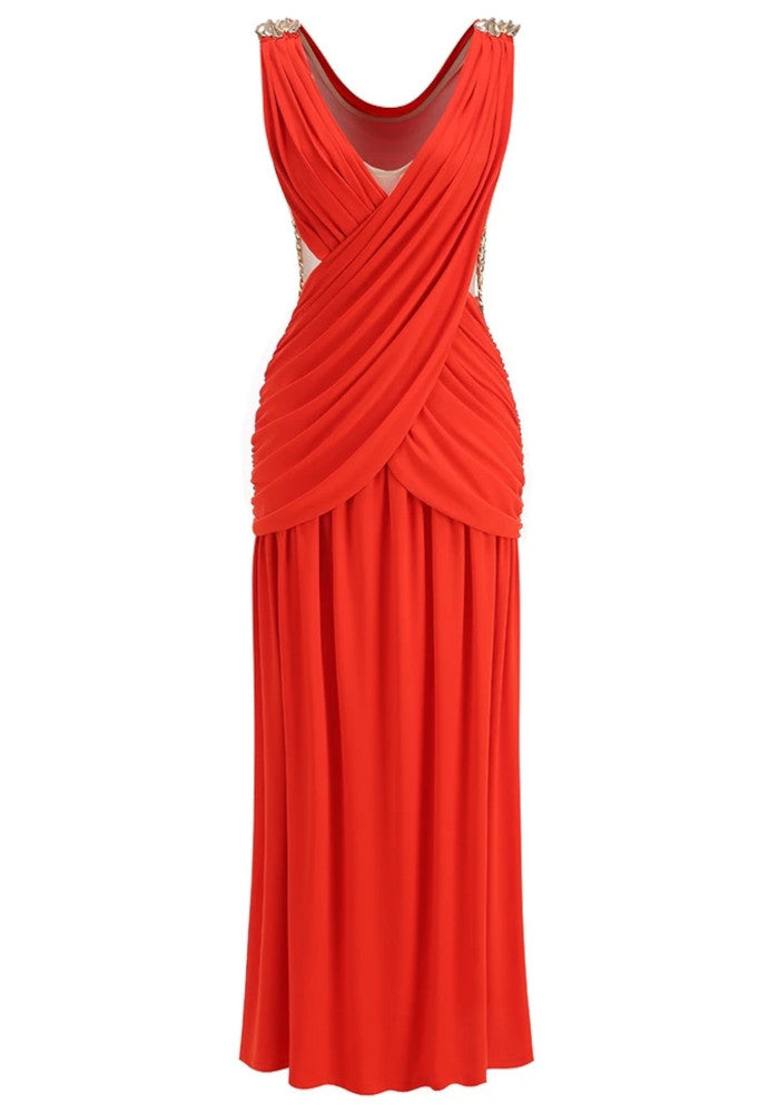 Elegant V Neck Ruched Side Cut Out Chain Detail Draped Maxi Prom Dress