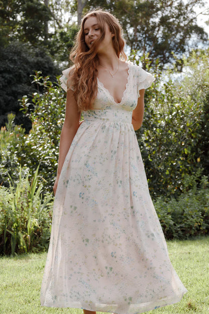 Elegant V Neck Ruffle Sleeve Lace Trim Floral Print Chiffon Maxi Prom Dress For Formal Evening Wedding Guest Bridesmaid Cocktail Party