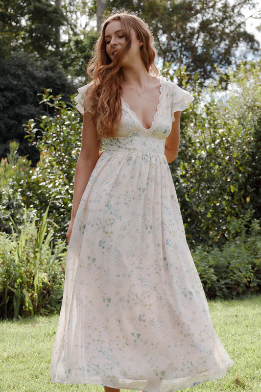 Elegant V Neck Ruffle Sleeve Lace Trim Floral Print Chiffon Maxi Prom Dress For Formal Evening Wedding Guest Bridesmaid Cocktail Party