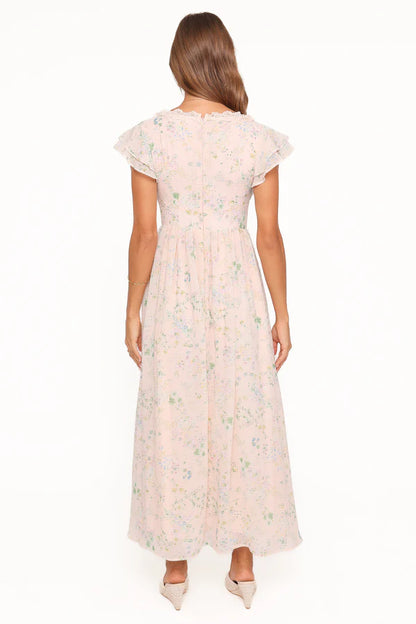 Elegant V Neck Ruffle Sleeve Lace Trim Floral Print Chiffon Maxi Prom Dress For Formal Evening Wedding Guest Bridesmaid Cocktail Party