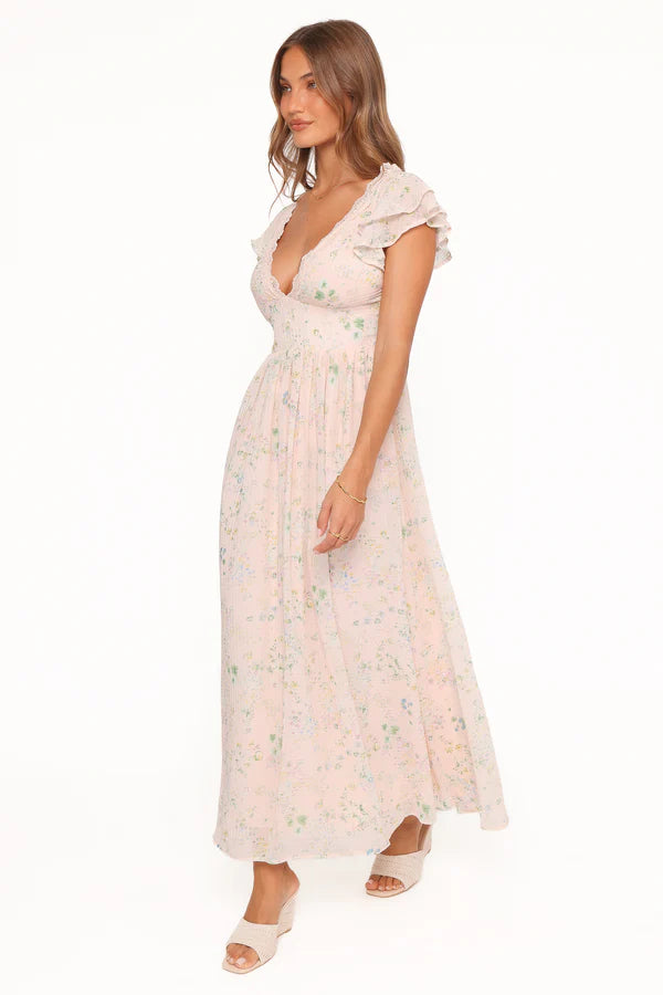 Elegant V Neck Ruffle Sleeve Lace Trim Floral Print Chiffon Maxi Prom Dress For Formal Evening Wedding Guest Bridesmaid Cocktail Party