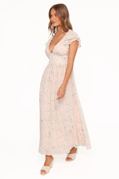 Elegant V Neck Ruffle Sleeve Lace Trim Floral Print Chiffon Maxi Prom Dress For Formal Evening Wedding Guest Bridesmaid Cocktail Party