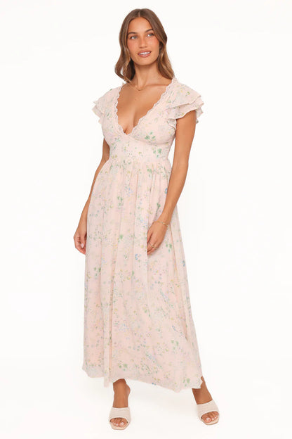 Elegant V Neck Ruffle Sleeve Lace Trim Floral Print Chiffon Maxi Prom Dress For Formal Evening Wedding Guest Bridesmaid Cocktail Party