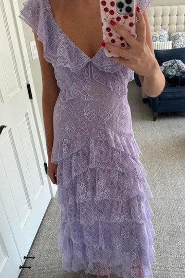 Elegant V Neck Ruffle Sleeve Open Back Floral Embroidery Tulle Tiered Maxi Evening Dress For Formal Evening Prom Wedding Guest Bridesmaid Cocktail Party Gala