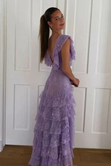 Elegant V Neck Ruffle Sleeve Open Back Floral Embroidery Tulle Tiered Maxi Evening Dress For Formal Evening Prom Wedding Guest Bridesmaid Cocktail Party Gala