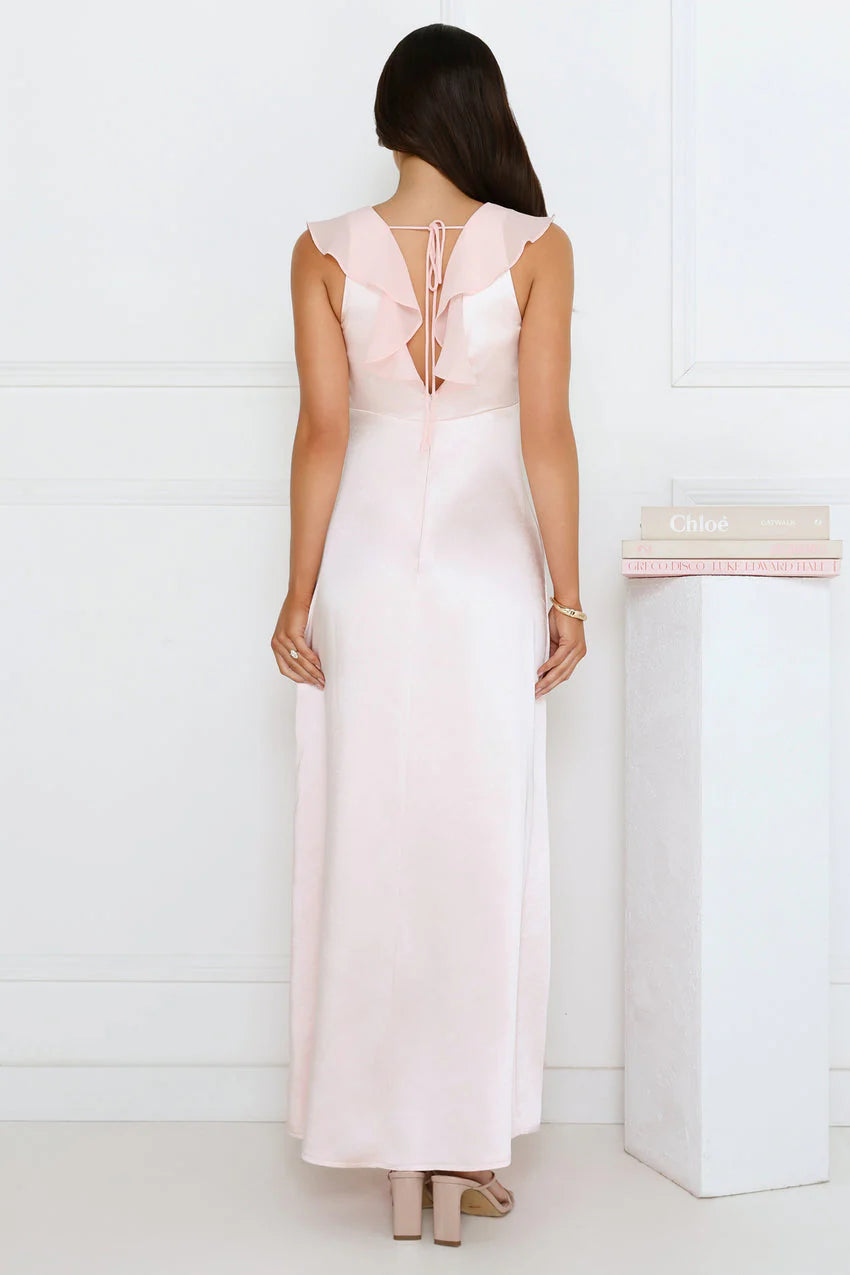 Elegant V Neck Ruffle Sleeve Open Back Tie Detail Ruffle Hem Satin Maxi Evening Dress For Formal Evening Prom Wedding Guest Bridesmaid Cocktail Party Gala