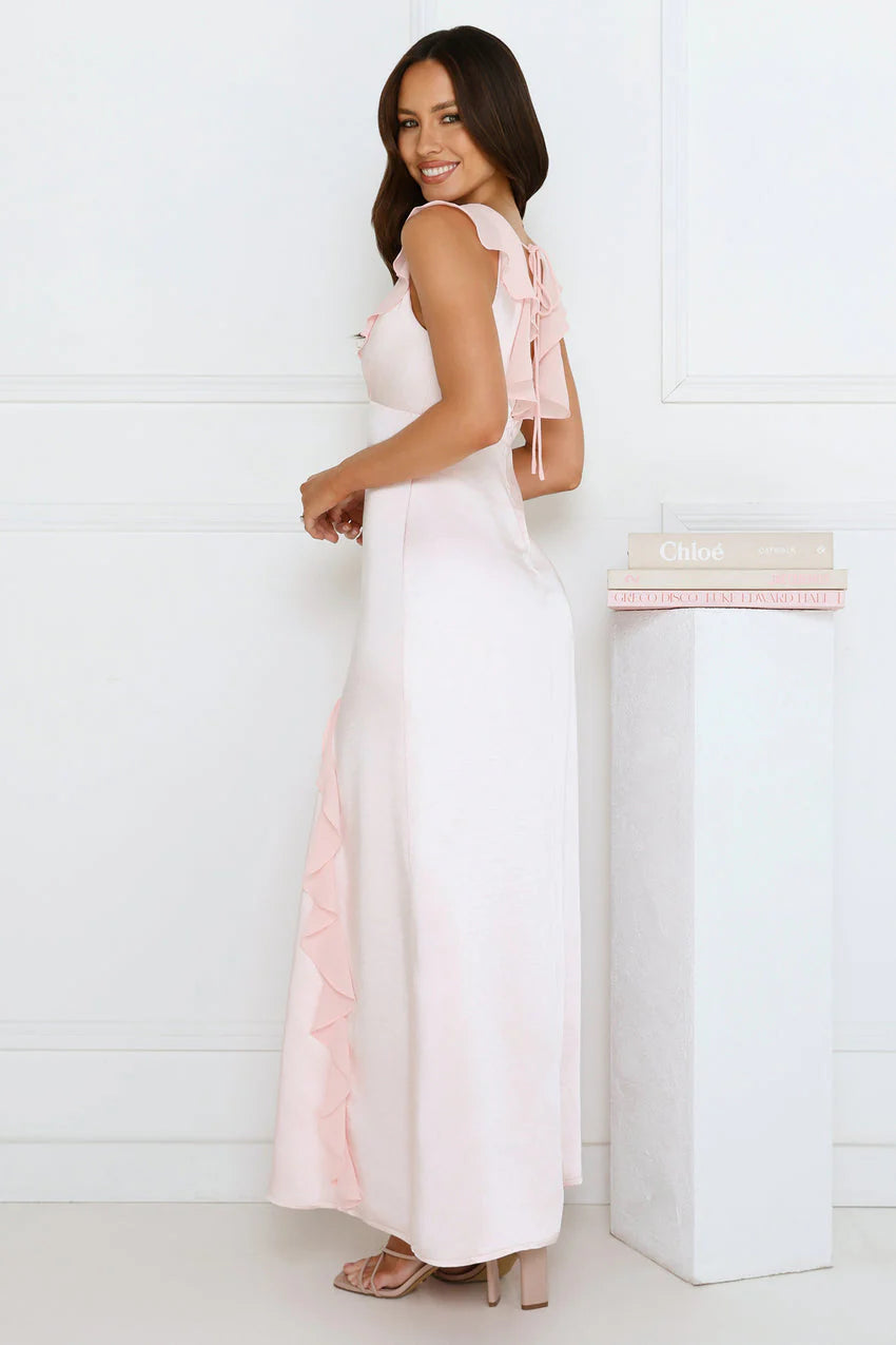 Elegant V Neck Ruffle Sleeve Open Back Tie Detail Ruffle Hem Satin Maxi Evening Dress For Formal Evening Prom Wedding Guest Bridesmaid Cocktail Party Gala