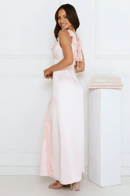 Elegant V Neck Ruffle Sleeve Open Back Tie Detail Ruffle Hem Satin Maxi Evening Dress For Formal Evening Prom Wedding Guest Bridesmaid Cocktail Party Gala