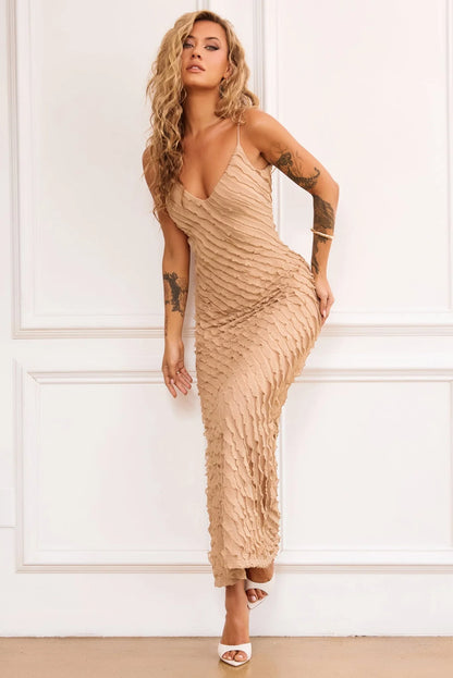 Elegant V Neck Spaghetti Strap Open Back Textured Ruffle Bodycon Maxi Prom Dress For Formal Evening Gala Cocktail Party Wedding Guest