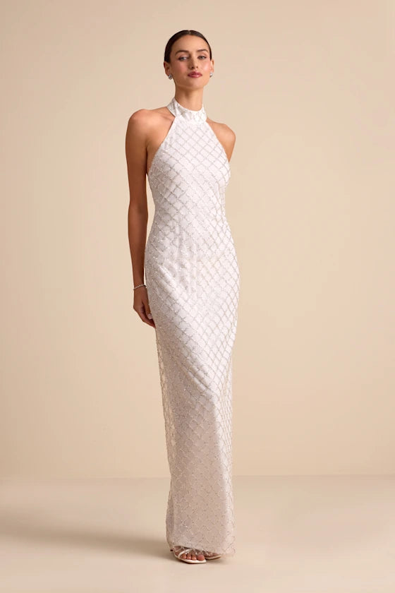 Elegant White Halter Neck Maxi Dress with Geometric Sequin Embellishments and High Side Slit, Prom Dress