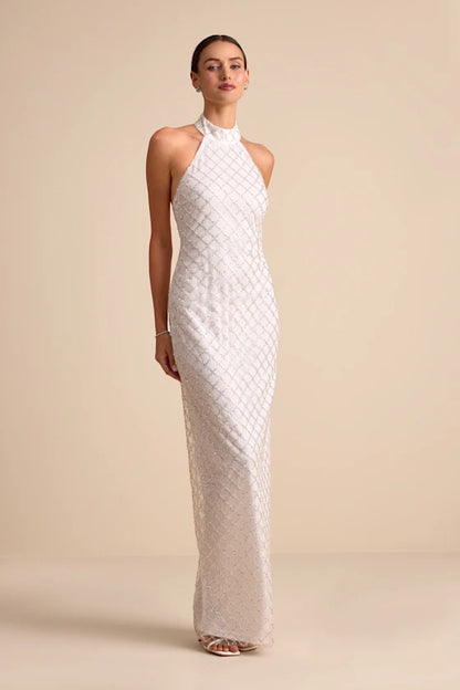 Elegant White Halter Neck Maxi Dress with Geometric Sequin Embellishments and High Side Slit, Prom Dress