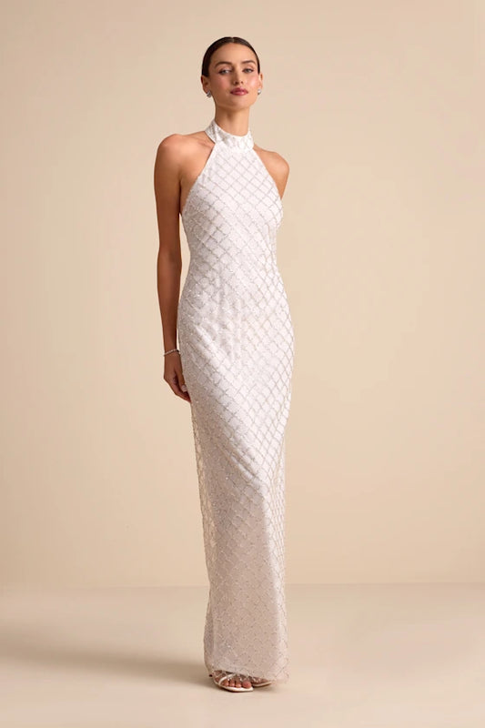 Elegant White Halter Neck Maxi Dress with Geometric Sequin Embellishments and High Side Slit, Prom Dress