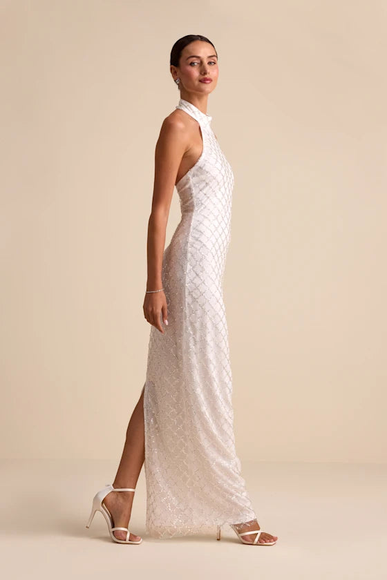 Elegant White Halter Neck Maxi Dress with Geometric Sequin Embellishments and High Side Slit, Prom Dress