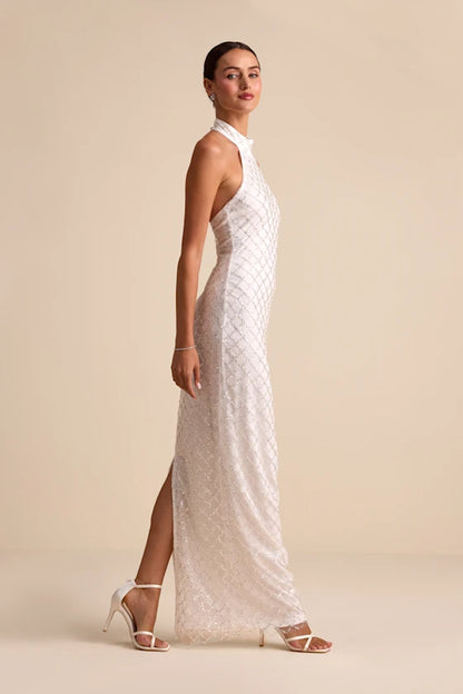 Elegant White Halter Neck Maxi Dress with Geometric Sequin Embellishments and High Side Slit, Prom Dress