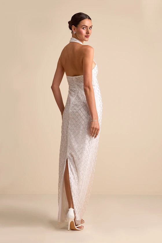Elegant White Halter Neck Maxi Dress with Geometric Sequin Embellishments and High Side Slit, Prom Dress