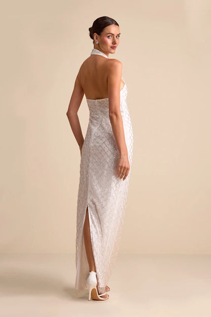 Elegant White Halter Neck Maxi Dress with Geometric Sequin Embellishments and High Side Slit, Prom Dress