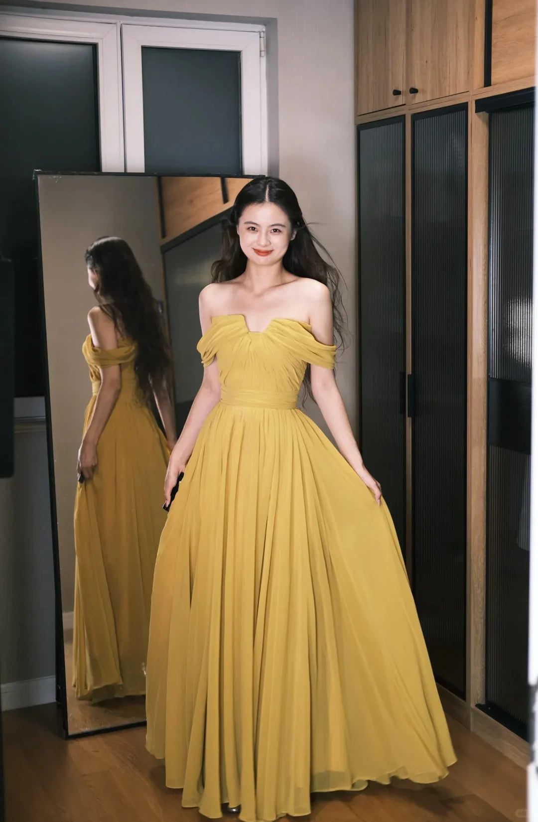 Elegant Yellow Off The Shoulder Prom Dress With Draped Chiffon Bodice And Flowy A Line Skirt For Formal Evening Party