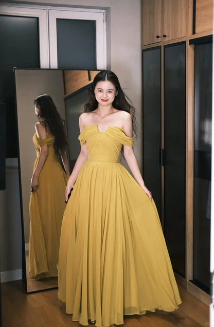 Elegant Yellow Off The Shoulder Prom Dress With Draped Chiffon Bodice And Flowy A Line Skirt For Formal Evening Party