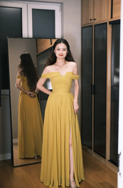 Elegant Yellow Off The Shoulder Prom Dress With Draped Chiffon Bodice And Flowy A Line Skirt For Formal Evening Party