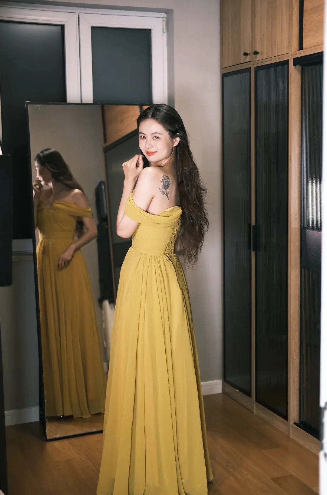 Elegant Yellow Off The Shoulder Prom Dress With Draped Chiffon Bodice And Flowy A Line Skirt For Formal Evening Party