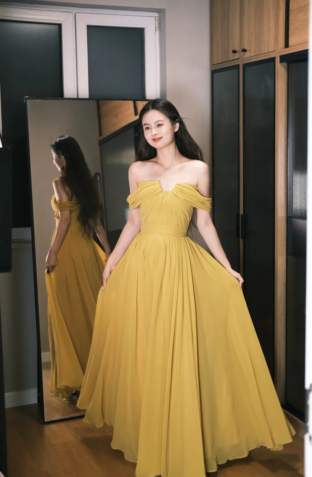 Elegant Yellow Off The Shoulder Prom Dress With Draped Chiffon Bodice And Flowy A Line Skirt For Formal Evening Party