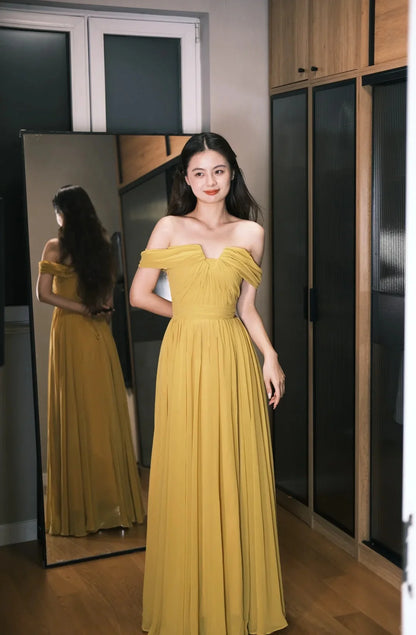 Elegant Yellow Off The Shoulder Prom Dress With Draped Chiffon Bodice And Flowy A Line Skirt For Formal Evening Party