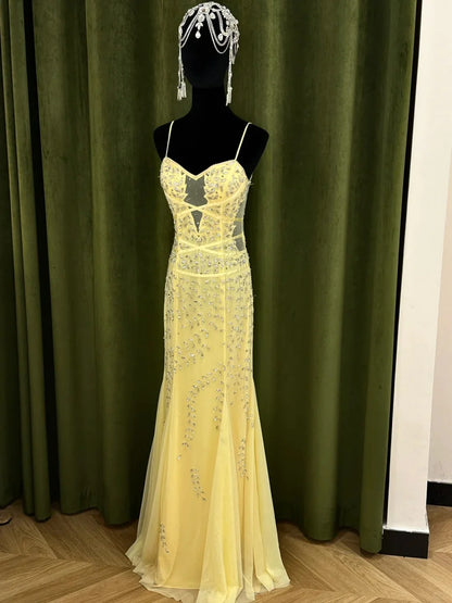Elegant Yellow Spaghetti Strap Prom Dress With Sweetheart Neckline Sheer Corset Bodice And Beaded Mermaid Tulle Skirt For Formal Evening Party