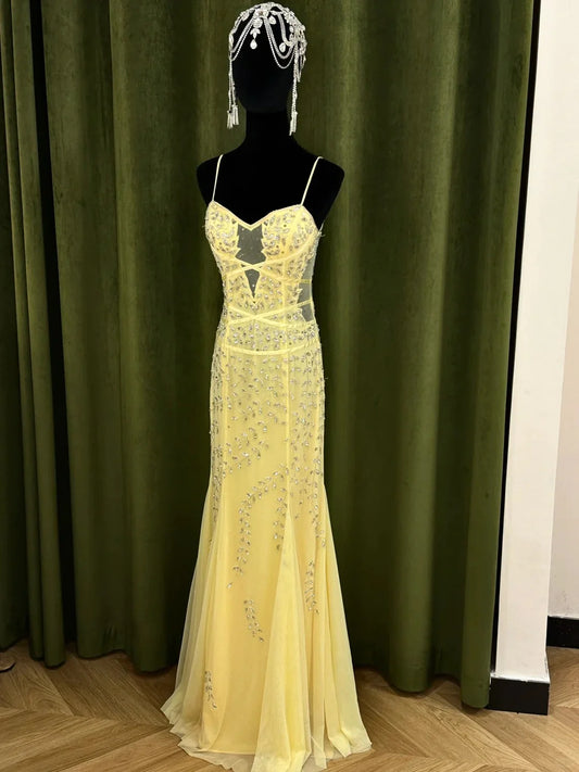 Elegant Yellow Spaghetti Strap Prom Dress With Sweetheart Neckline Sheer Corset Bodice And Beaded Mermaid Tulle Skirt For Formal Evening Party
