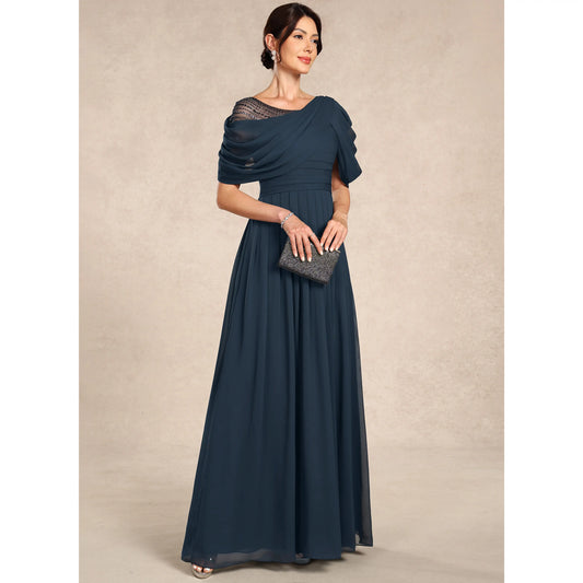 Elegant A-Line Asymmetrical Beaded Short Sleeve Dark Teal Mother of the Bride Dress
