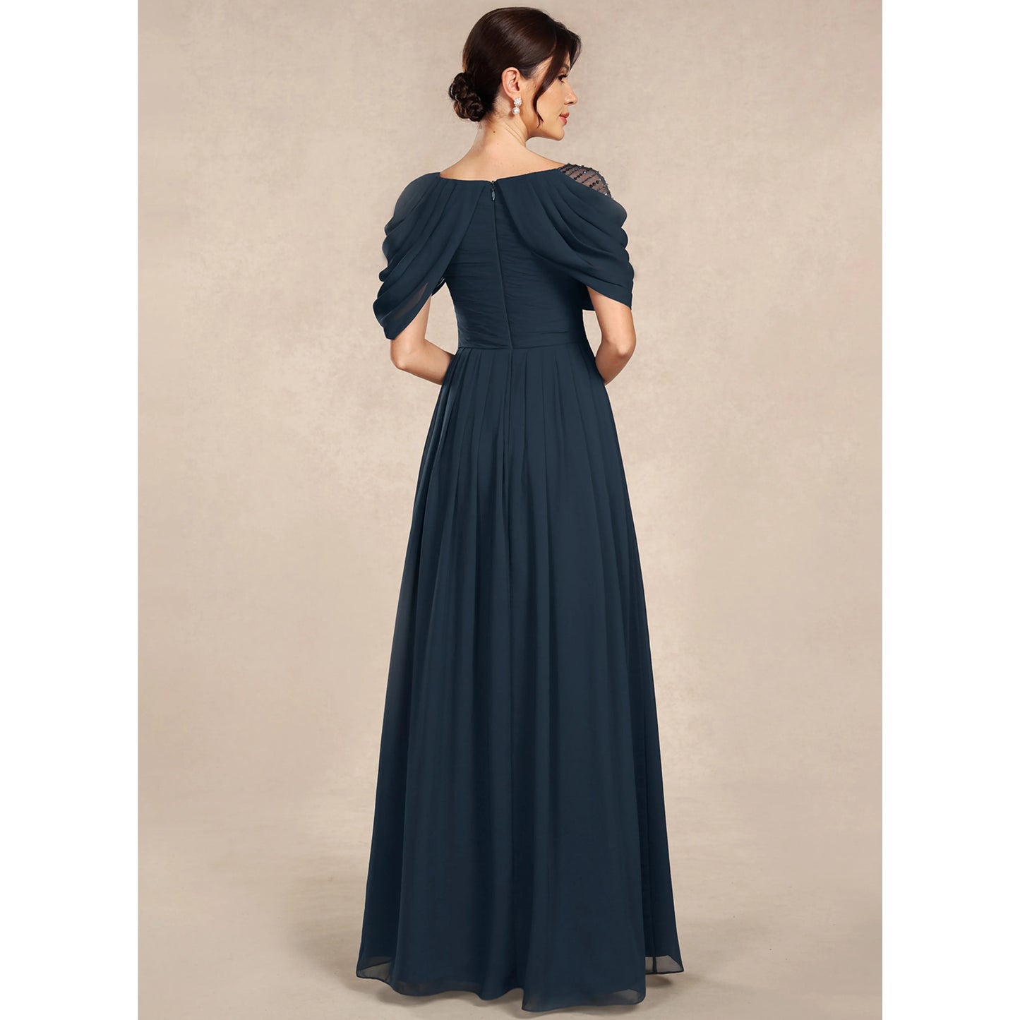 Elegant A-Line Asymmetrical Beaded Short Sleeve Dark Teal Mother of the Bride Dress