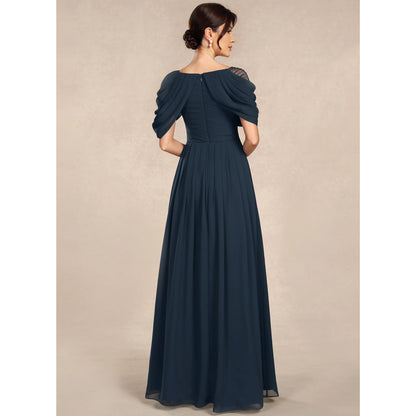 Elegant A-Line Asymmetrical Beaded Short Sleeve Dark Teal Mother of the Bride Dress