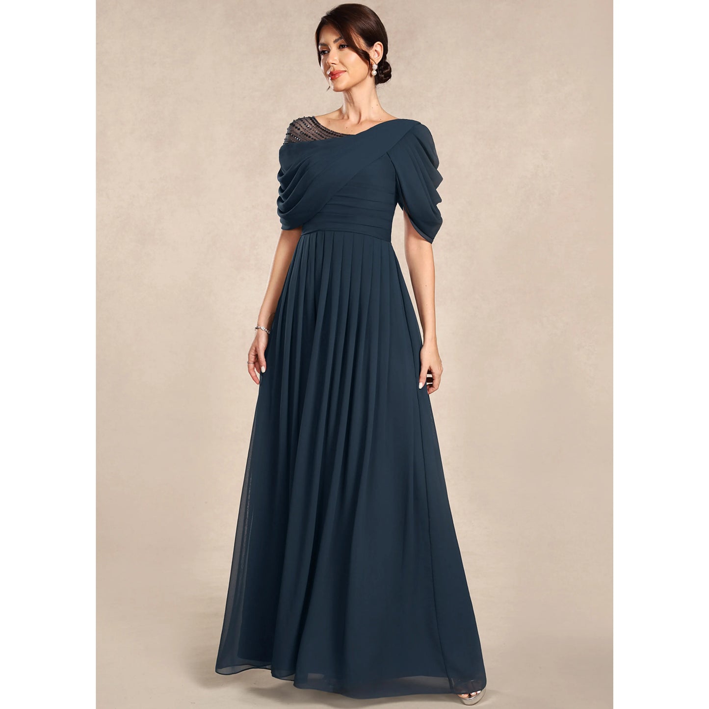 Elegant A-Line Asymmetrical Beaded Short Sleeve Dark Teal Mother of the Bride Dress