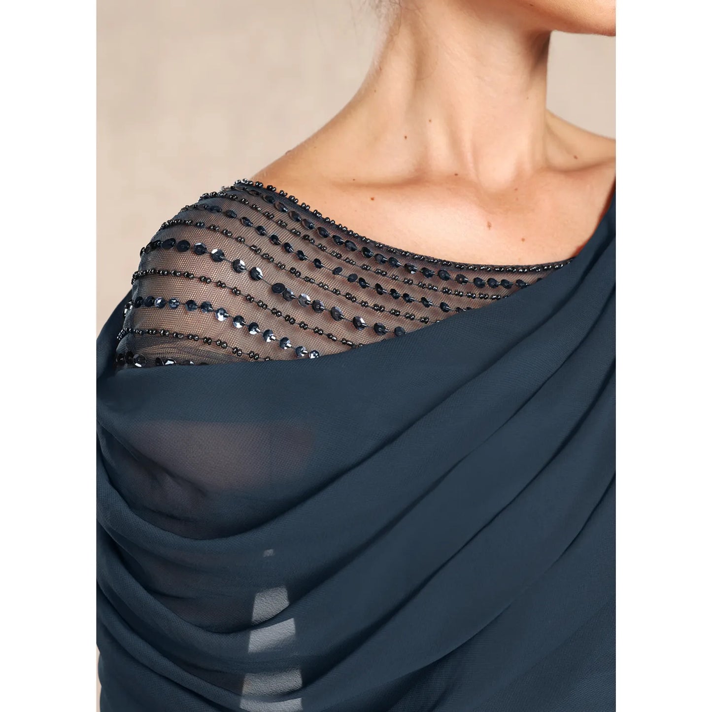 Elegant A-Line Asymmetrical Beaded Short Sleeve Dark Teal Mother of the Bride Dress