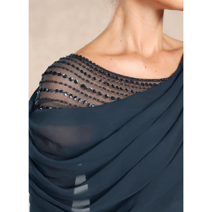 Elegant A-Line Asymmetrical Beaded Short Sleeve Dark Teal Mother of the Bride Dress