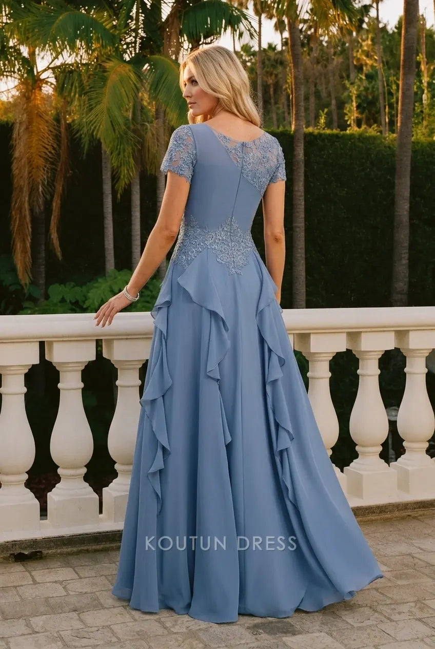 Elegant A-Line Asymmetrical Short Sleeve Ruffled Embroidered Dusty Blue Floor-Length Prom Dress