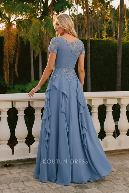 Elegant A-Line Asymmetrical Short Sleeve Ruffled Embroidered Dusty Blue Floor-Length Prom Dress