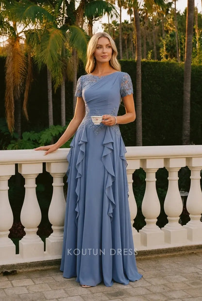Elegant A-Line Asymmetrical Short Sleeve Ruffled Embroidered Dusty Blue Floor-Length Prom Dress