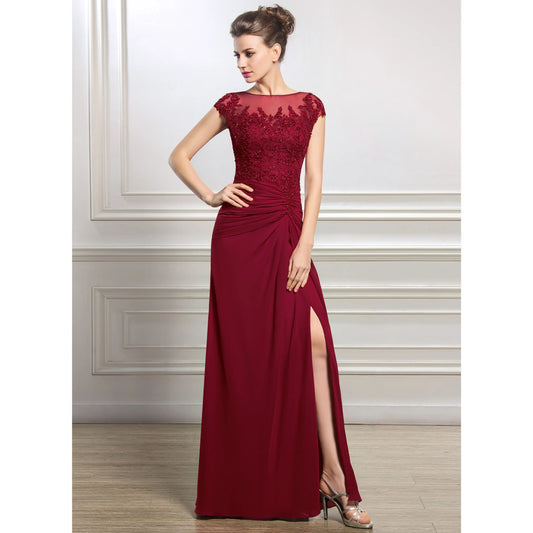 Elegant A-Line Bateau Cap Sleeve Beaded Burgundy Mother of the Bride Gown