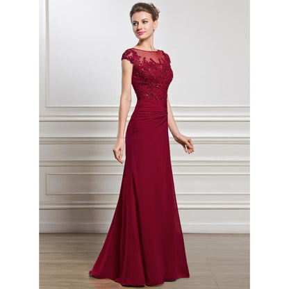 Elegant A-Line Bateau Cap Sleeve Beaded Burgundy Mother of the Bride Gown